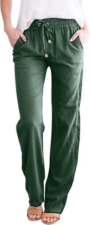 Summer Womens Linen Pants Cotton Wide Leg Casual Loose Drawstring High Waist Palazzo Pants Trousers with Pockets