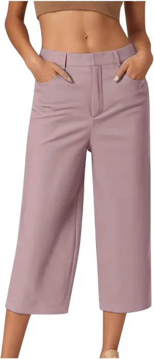 Twill Capri Pants for Women Casual Oversized Dress Pants High Waist Straight Leg Capris Dressy Office Cropped Trousers