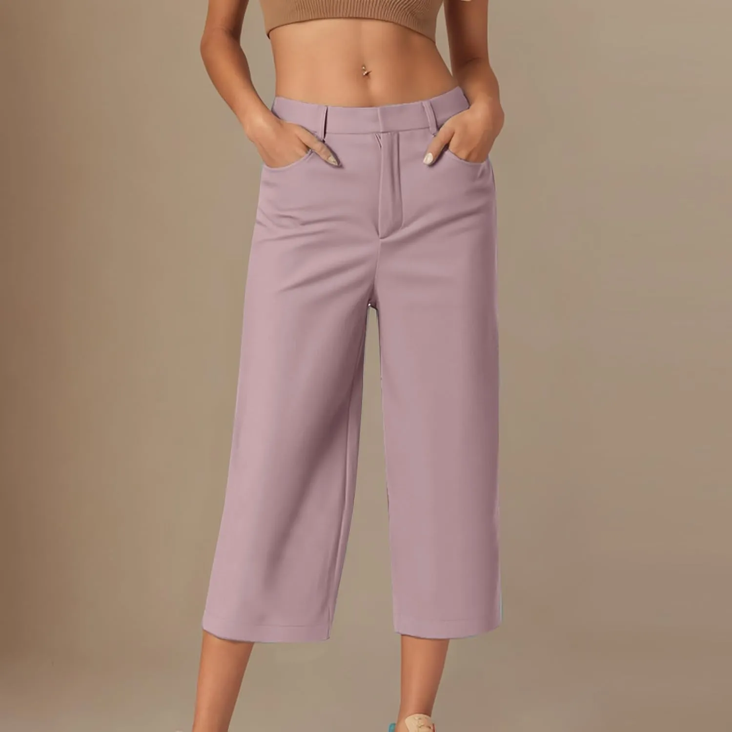 Twill Capri Pants for Women Casual Oversized Dress Pants High Waist Straight Leg Capris Dressy Office Cropped Trousers