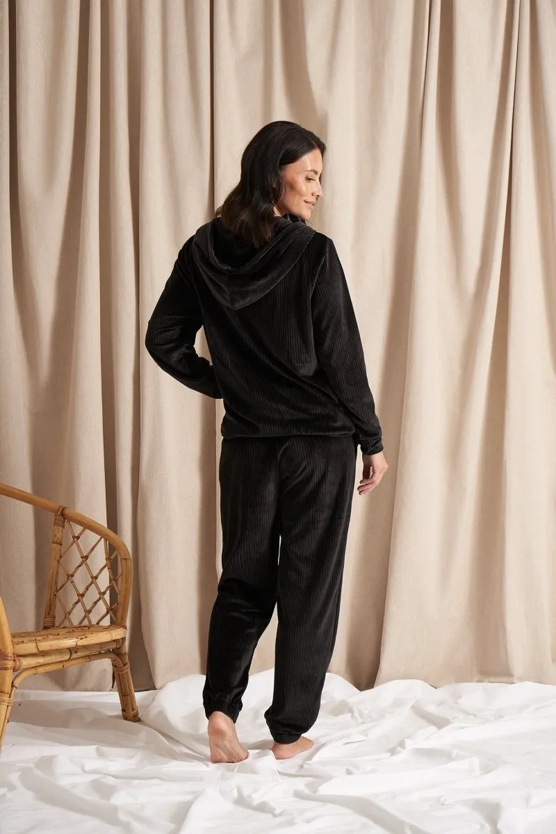Velour Hoody Jogger Set in Black