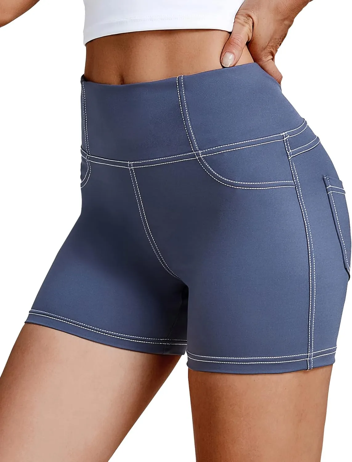 VOOVEEYA 5"/8" High Waisted Yoga Biker Shorts with Pockets for Women - Butt Lifting Workout Spandex Booty Gym Shorts