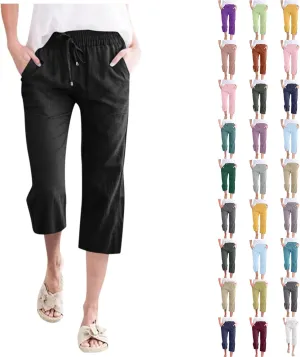 Wide Leg Capris For Women Linen Casual 2024 Summer Drawstring Straight Leg Cropped Trouser Boho Fashion Lounge Pant