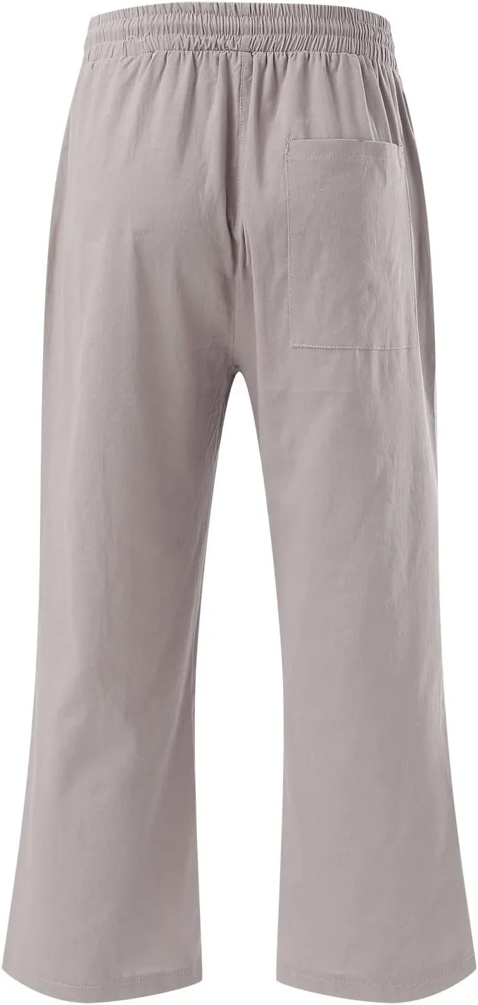 Wide Leg Capris For Women Linen Casual 2024 Summer Drawstring Straight Leg Cropped Trouser Boho Fashion Lounge Pant