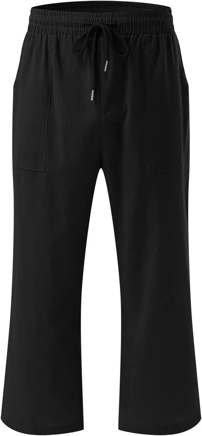 Wide Leg Capris For Women Linen Casual 2024 Summer Drawstring Straight Leg Cropped Trouser Boho Fashion Lounge Pant