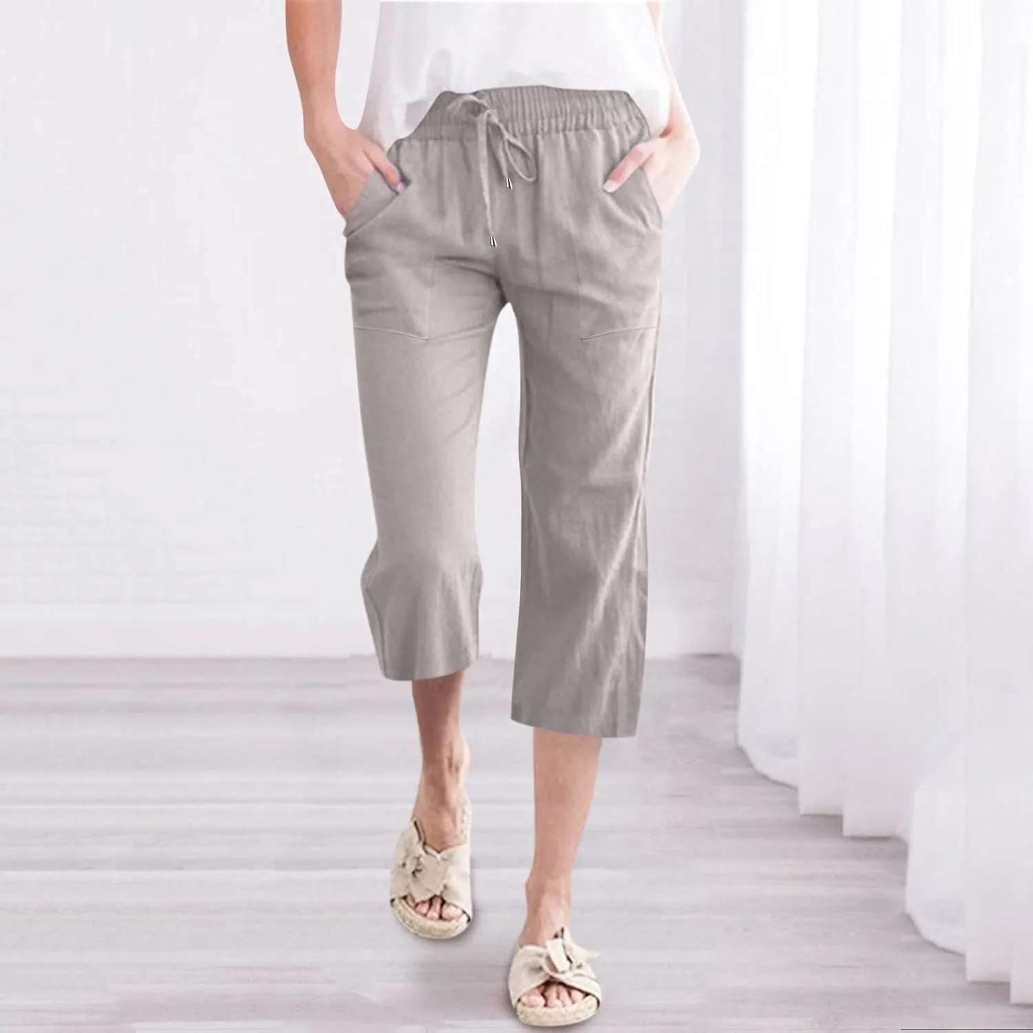 Wide Leg Capris For Women Linen Casual 2024 Summer Drawstring Straight Leg Cropped Trouser Boho Fashion Lounge Pant