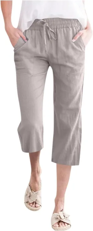Wide Leg Capris For Women Linen Casual 2024 Summer Drawstring Straight Leg Cropped Trouser Boho Fashion Lounge Pant