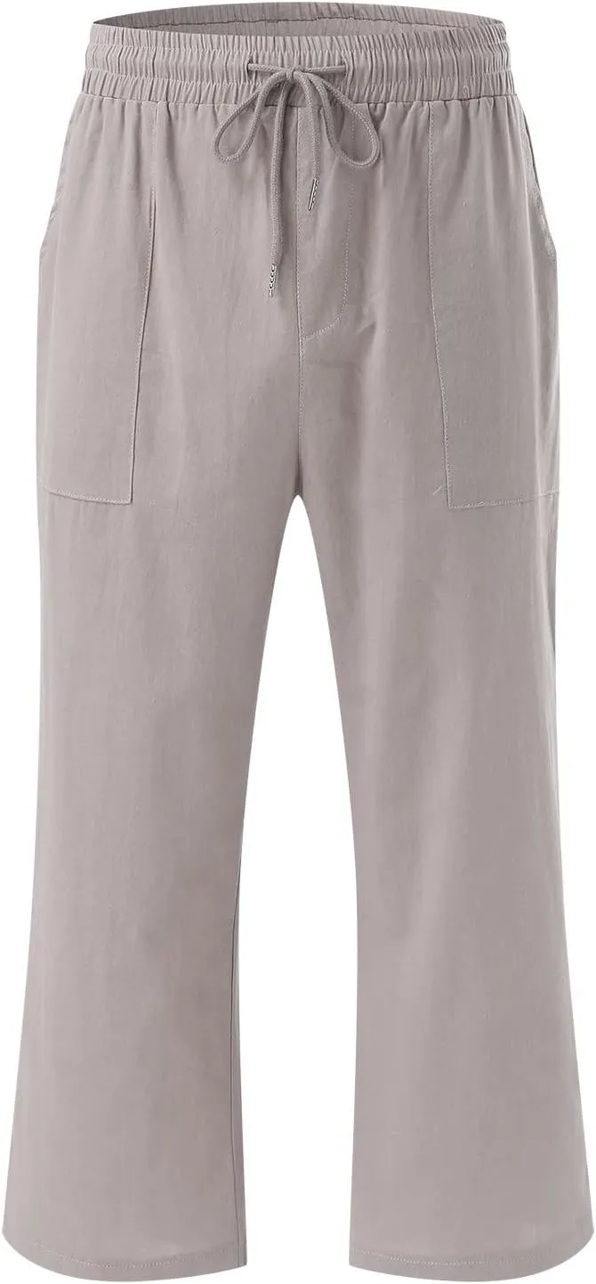 Wide Leg Capris For Women Linen Casual 2024 Summer Drawstring Straight Leg Cropped Trouser Boho Fashion Lounge Pant
