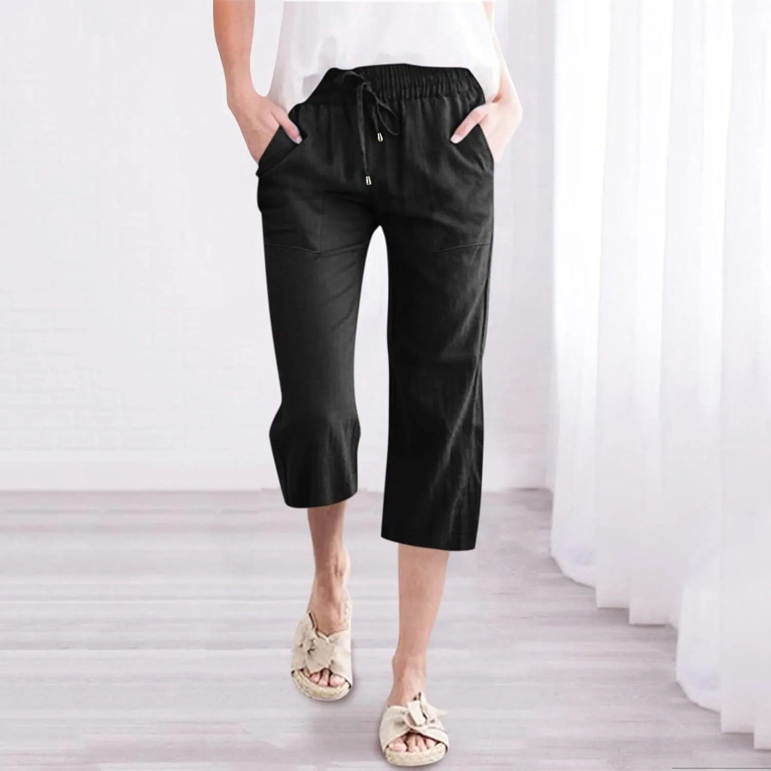 Wide Leg Capris For Women Linen Casual 2024 Summer Drawstring Straight Leg Cropped Trouser Boho Fashion Lounge Pant