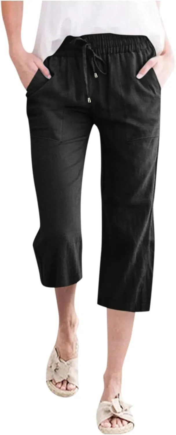Wide Leg Capris For Women Linen Casual 2024 Summer Drawstring Straight Leg Cropped Trouser Boho Fashion Lounge Pant