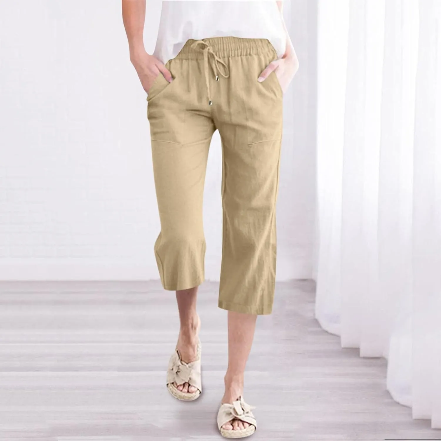Wide Leg Cropped Pants For Women Pull On Comfy Straight Leg Linen Capris Summer Light Weight Lounge Trousers 2024