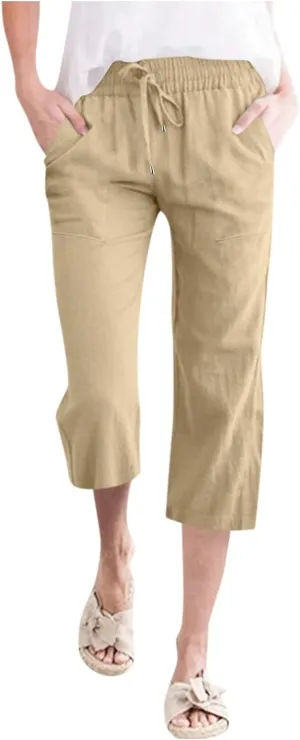 Wide Leg Cropped Pants For Women Pull On Comfy Straight Leg Linen Capris Summer Light Weight Lounge Trousers 2024