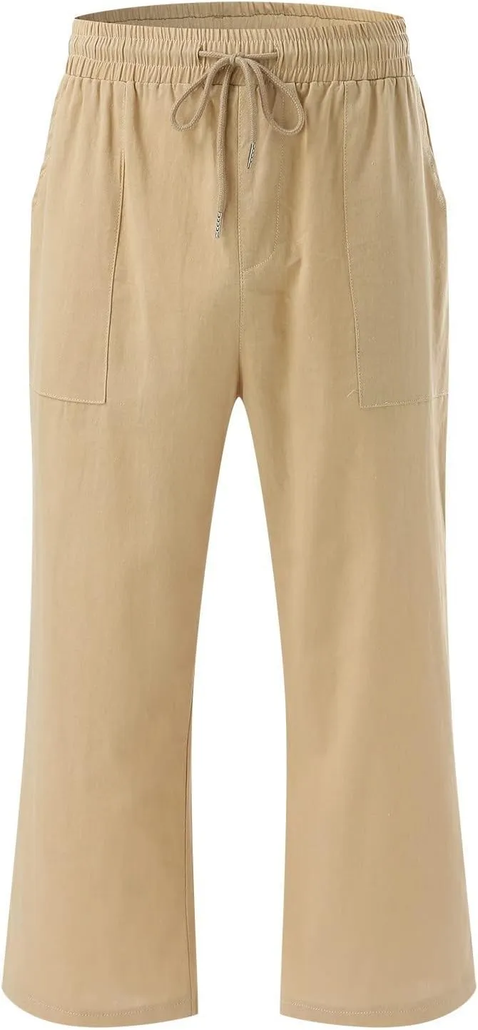Wide Leg Cropped Pants For Women Pull On Comfy Straight Leg Linen Capris Summer Light Weight Lounge Trousers 2024