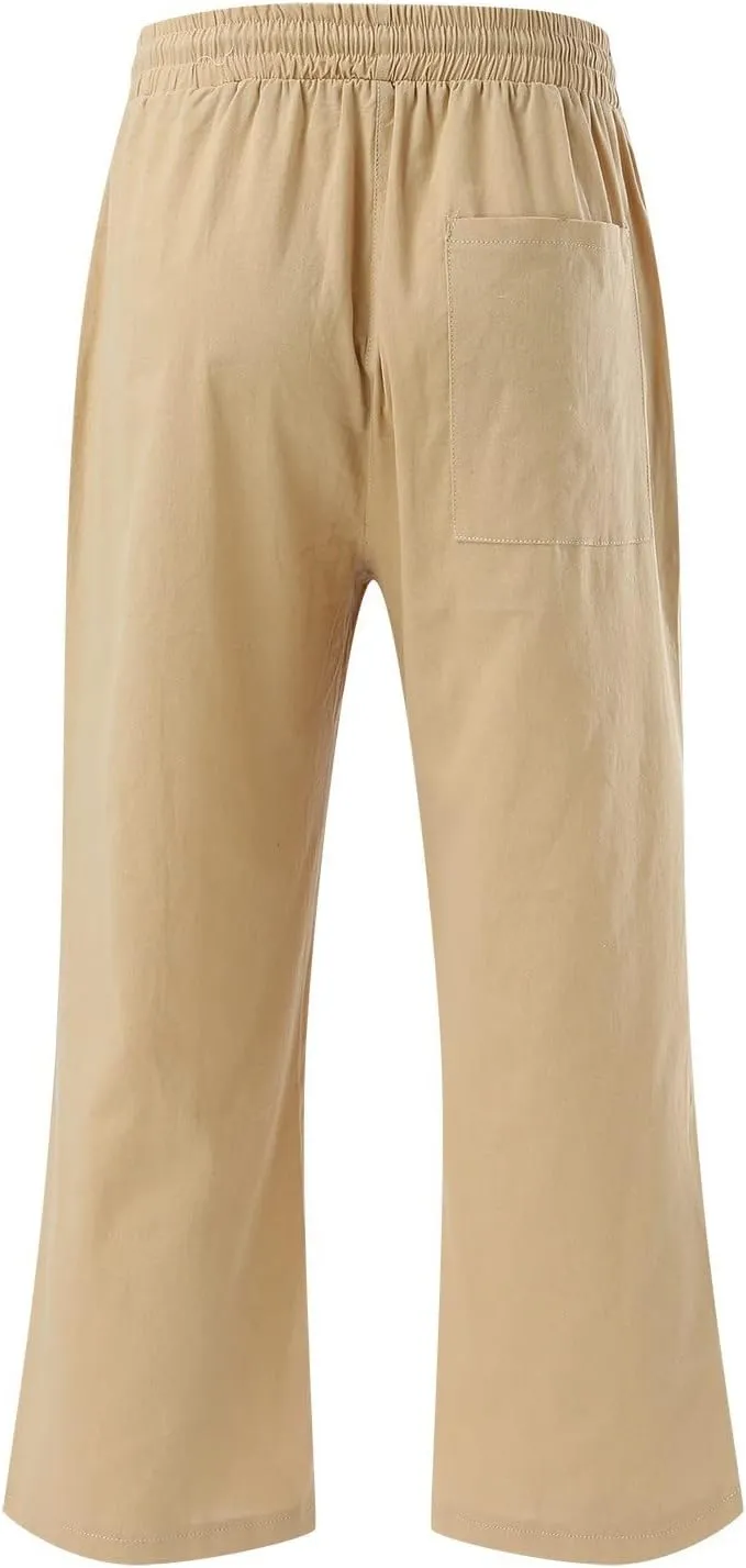 Wide Leg Cropped Pants For Women Pull On Comfy Straight Leg Linen Capris Summer Light Weight Lounge Trousers 2024