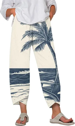 Wide Leg Linen Pants for Women Summer Casual Capri Pants Baggy Petite Palazzo Pants Lightweight Beach Trousers