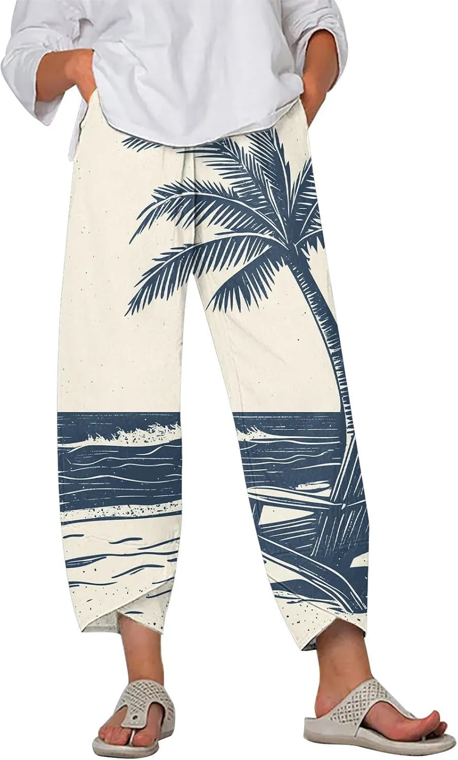 Wide Leg Linen Pants for Women Summer Casual Capri Pants Baggy Petite Palazzo Pants Lightweight Beach Trousers