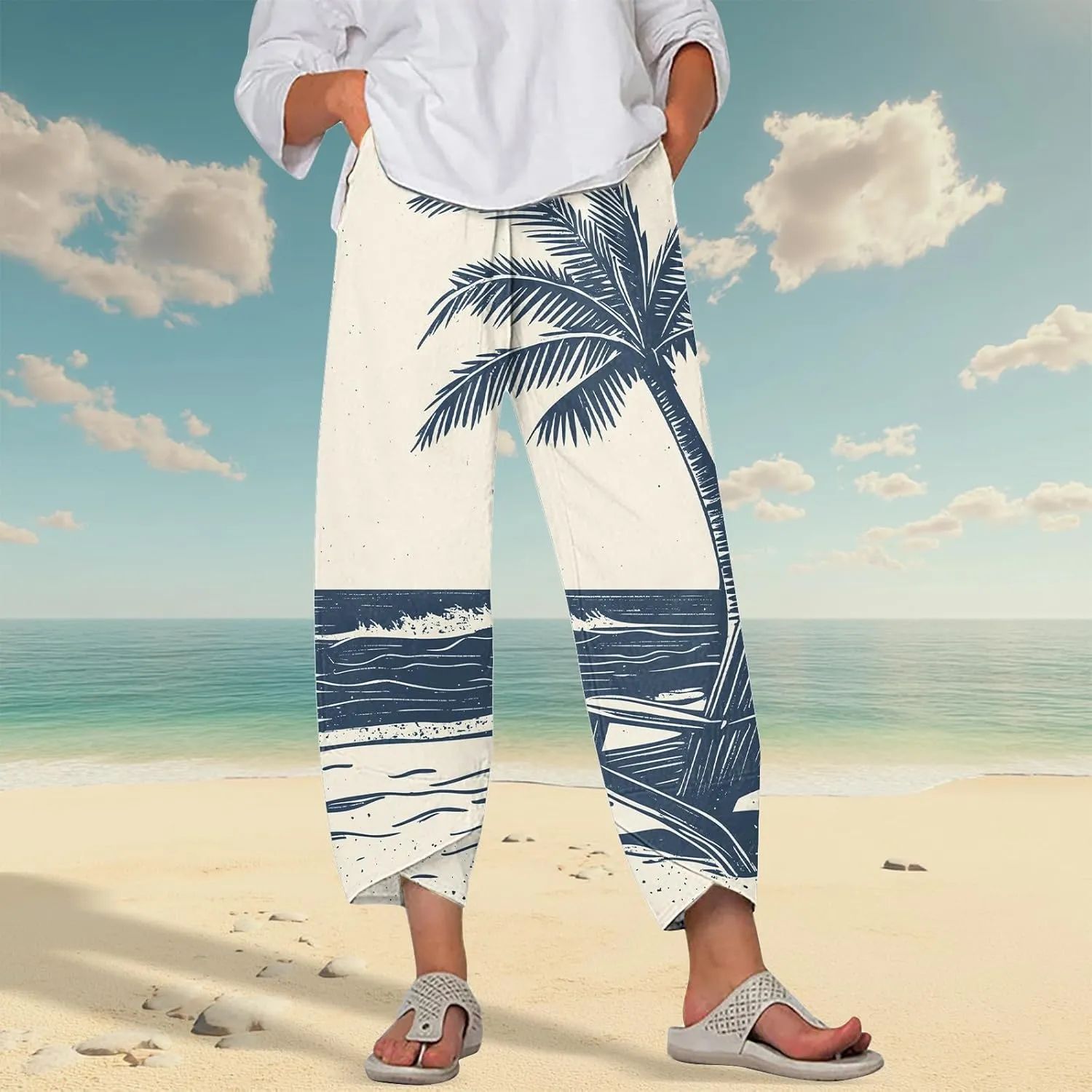 Wide Leg Linen Pants for Women Summer Casual Capri Pants Baggy Petite Palazzo Pants Lightweight Beach Trousers