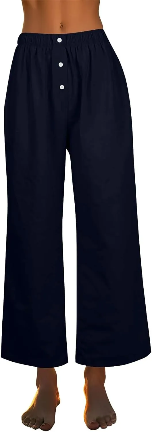 Wide Leg Linen Pants for Women Summer Casual Pants Elastic Waist Trouser Work Palazzo Pant with Pockets (S-2Xl)