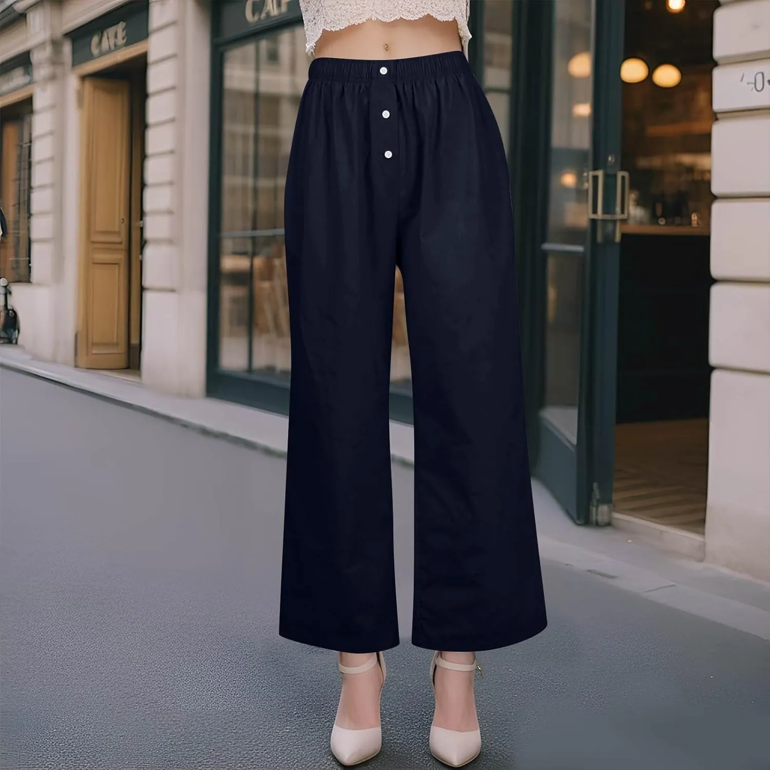 Wide Leg Linen Pants for Women Summer Casual Pants Elastic Waist Trouser Work Palazzo Pant with Pockets (S-2Xl)