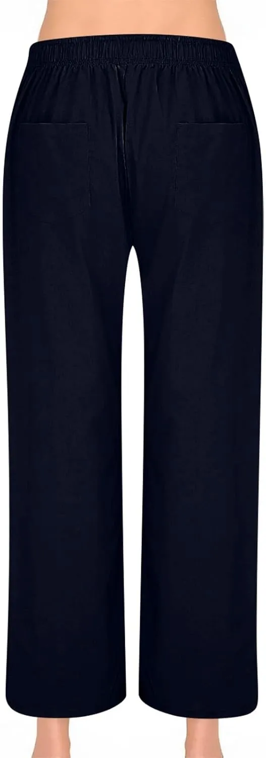 Wide Leg Linen Pants for Women Summer Casual Pants Elastic Waist Trouser Work Palazzo Pant with Pockets (S-2Xl)