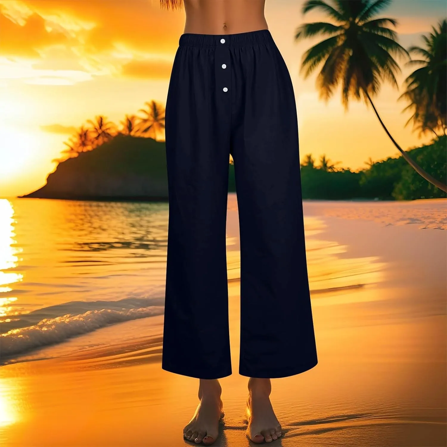 Wide Leg Linen Pants for Women Summer Casual Pants Elastic Waist Trouser Work Palazzo Pant with Pockets (S-2Xl)