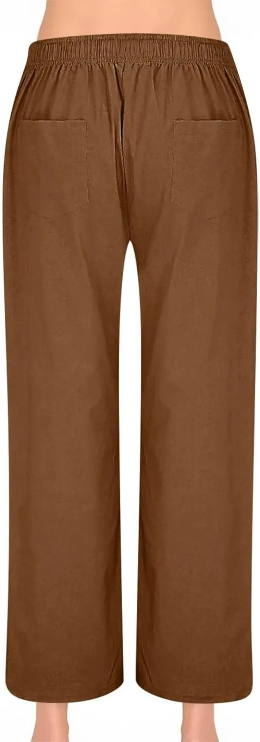 Wide Leg Linen Pants for Women Summer Casual Pants Elastic Waist Trouser Work Palazzo Pant with Pockets (S-2Xl)