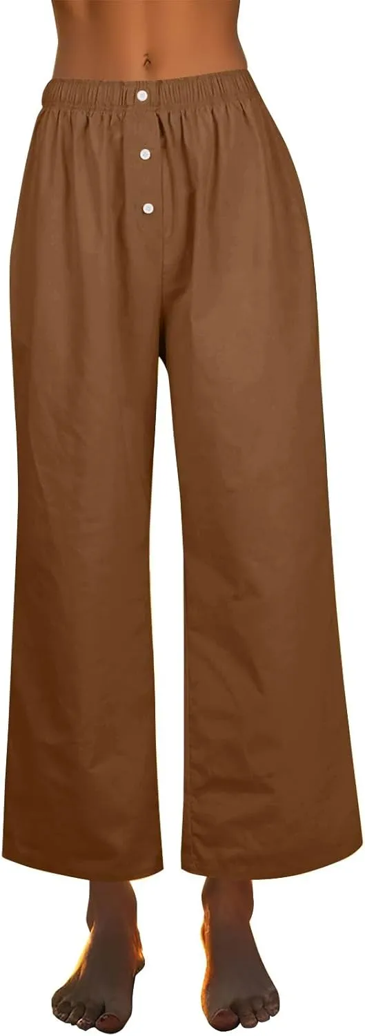 Wide Leg Linen Pants for Women Summer Casual Pants Elastic Waist Trouser Work Palazzo Pant with Pockets (S-2Xl)