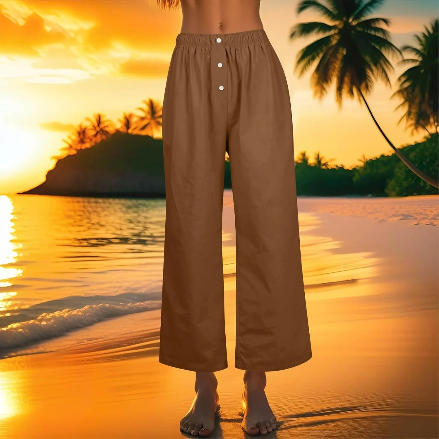 Wide Leg Linen Pants for Women Summer Casual Pants Elastic Waist Trouser Work Palazzo Pant with Pockets (S-2Xl)