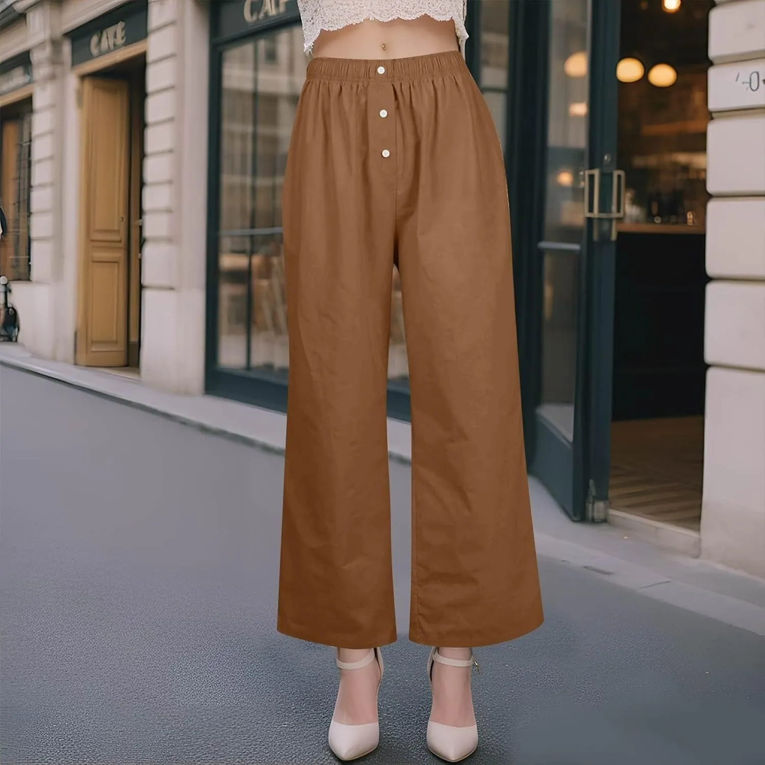Wide Leg Linen Pants for Women Summer Casual Pants Elastic Waist Trouser Work Palazzo Pant with Pockets (S-2Xl)