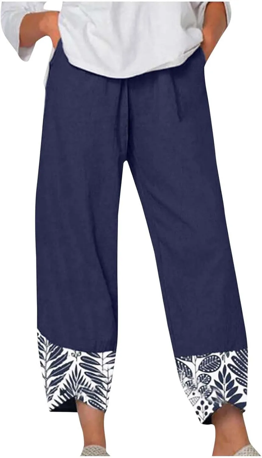 Wide Leg Linen Pants for Womens Capri Summer Pants Palazzo Lounge Elastic Waist Cropped Beach Trousers Slacks Clothes