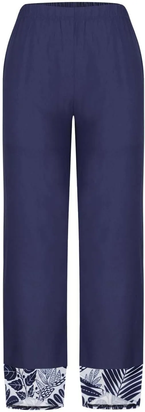 Wide Leg Linen Pants for Womens Capri Summer Pants Palazzo Lounge Elastic Waist Cropped Beach Trousers Slacks Clothes