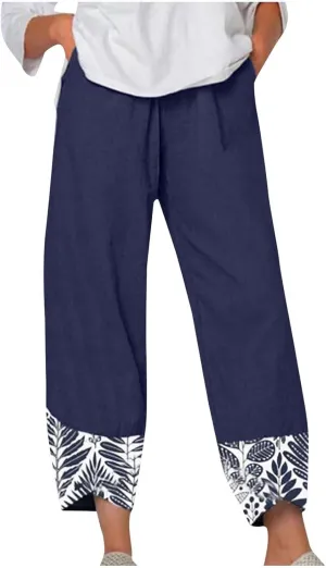 Wide Leg Linen Pants for Womens Capri Summer Pants Palazzo Lounge Elastic Waist Cropped Beach Trousers Slacks Clothes