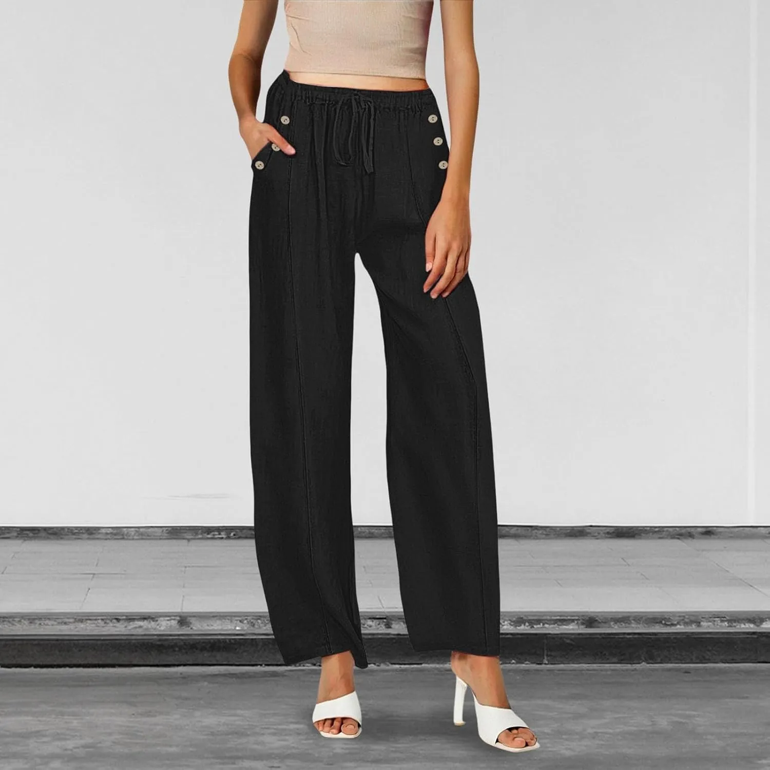 Wide Leg Linen Pants Women Palazzo Trousers Summer Casual Vacation Trousers Lounge Pant with Pockets