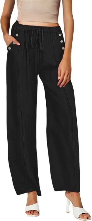 Wide Leg Linen Pants Women Palazzo Trousers Summer Casual Vacation Trousers Lounge Pant with Pockets