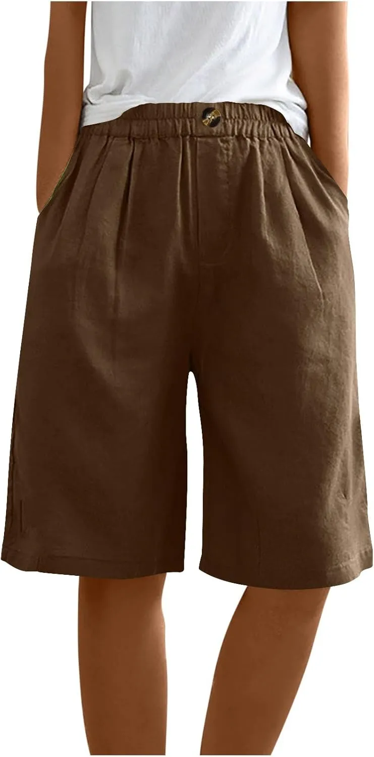 Wide Leg Linen Shorts for Women Knee Length Bermuda Shorts Summer Casual Loose Elastic Waist Beach Pants with Pocket