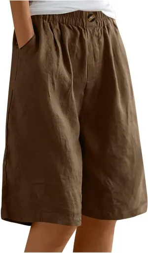 Wide Leg Linen Shorts for Women Knee Length Bermuda Shorts Summer Casual Loose Elastic Waist Beach Pants with Pocket