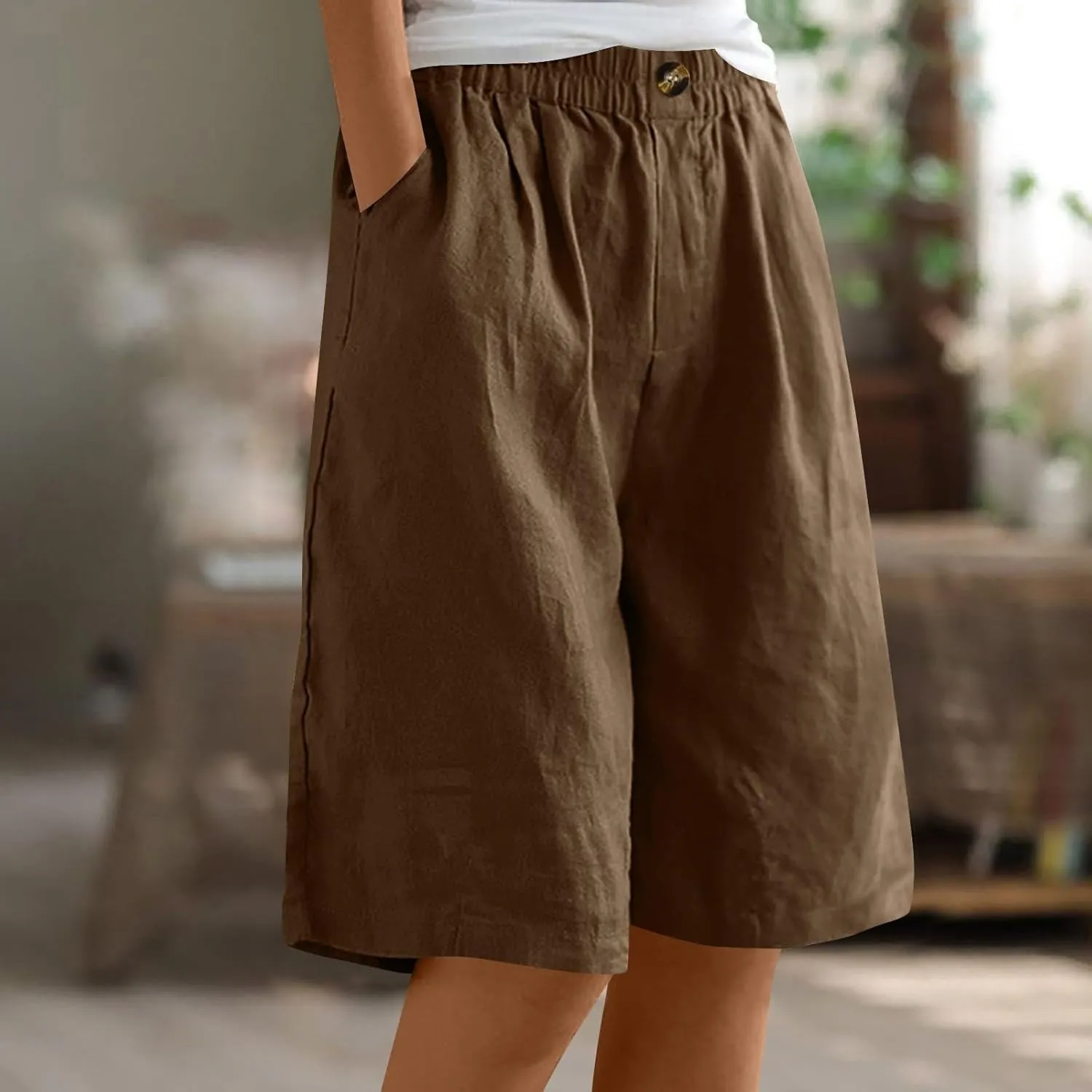 Wide Leg Linen Shorts for Women Knee Length Bermuda Shorts Summer Casual Loose Elastic Waist Beach Pants with Pocket