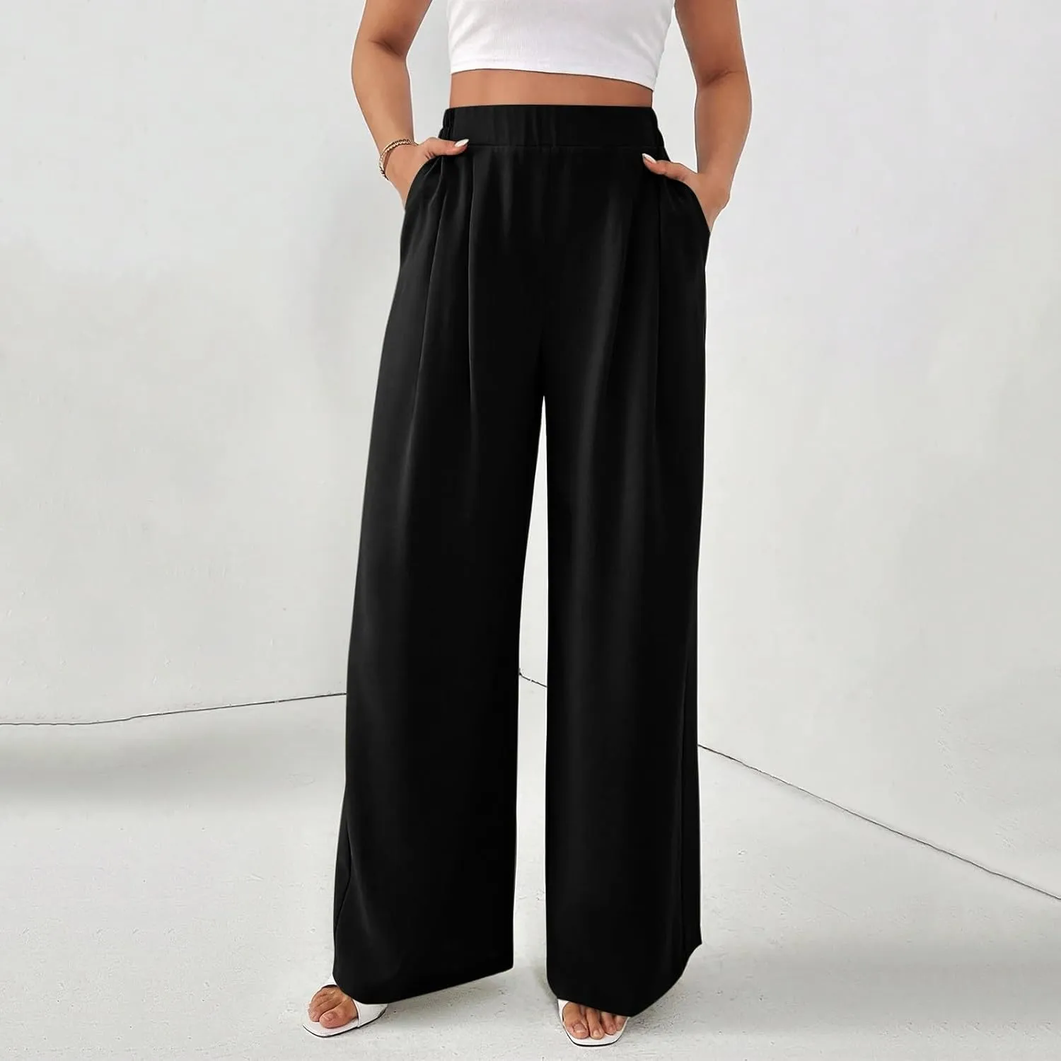 Wide Leg Palazzo Pants for Women with Pockets Elastic Business Causal Pants 2025 Summer Beach Travel Trousers