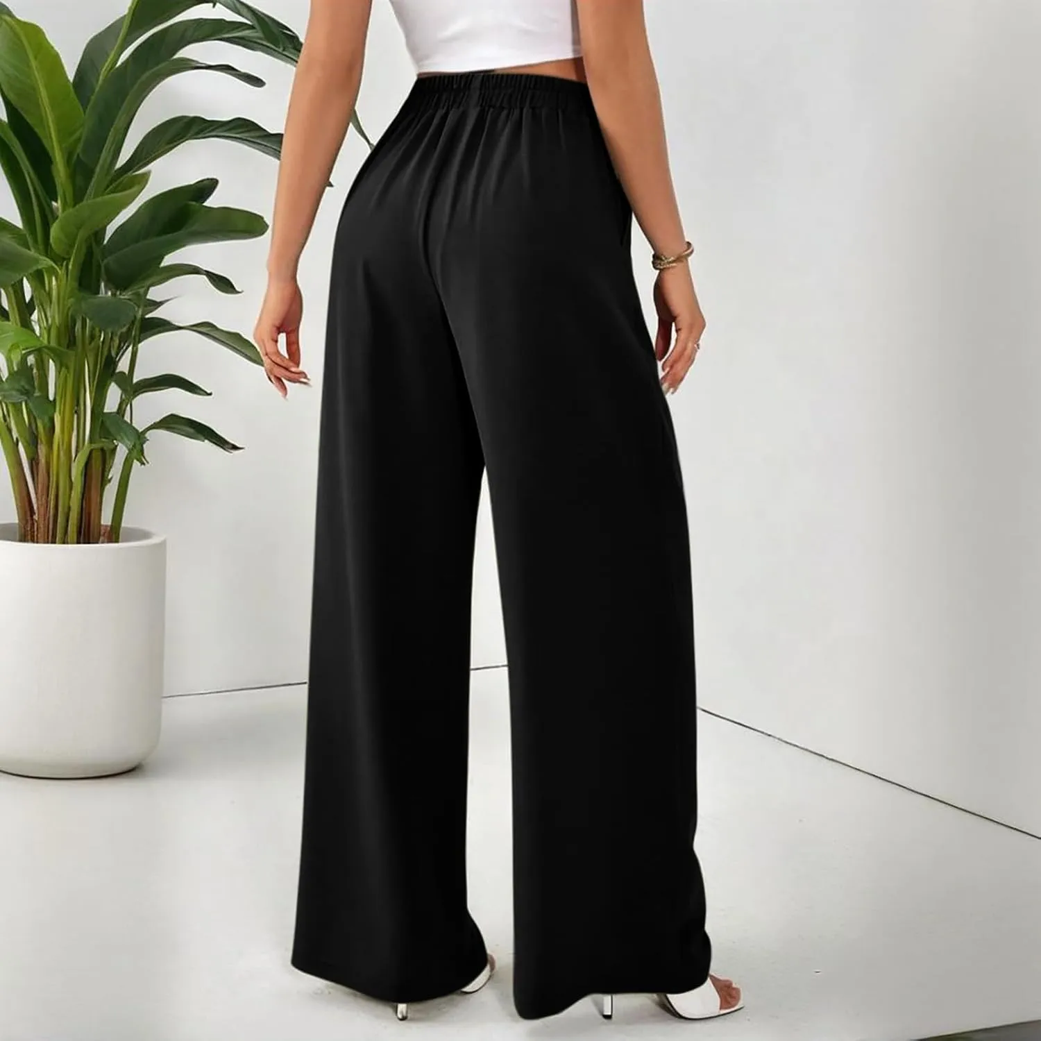 Wide Leg Palazzo Pants for Women with Pockets Elastic Business Causal Pants 2025 Summer Beach Travel Trousers