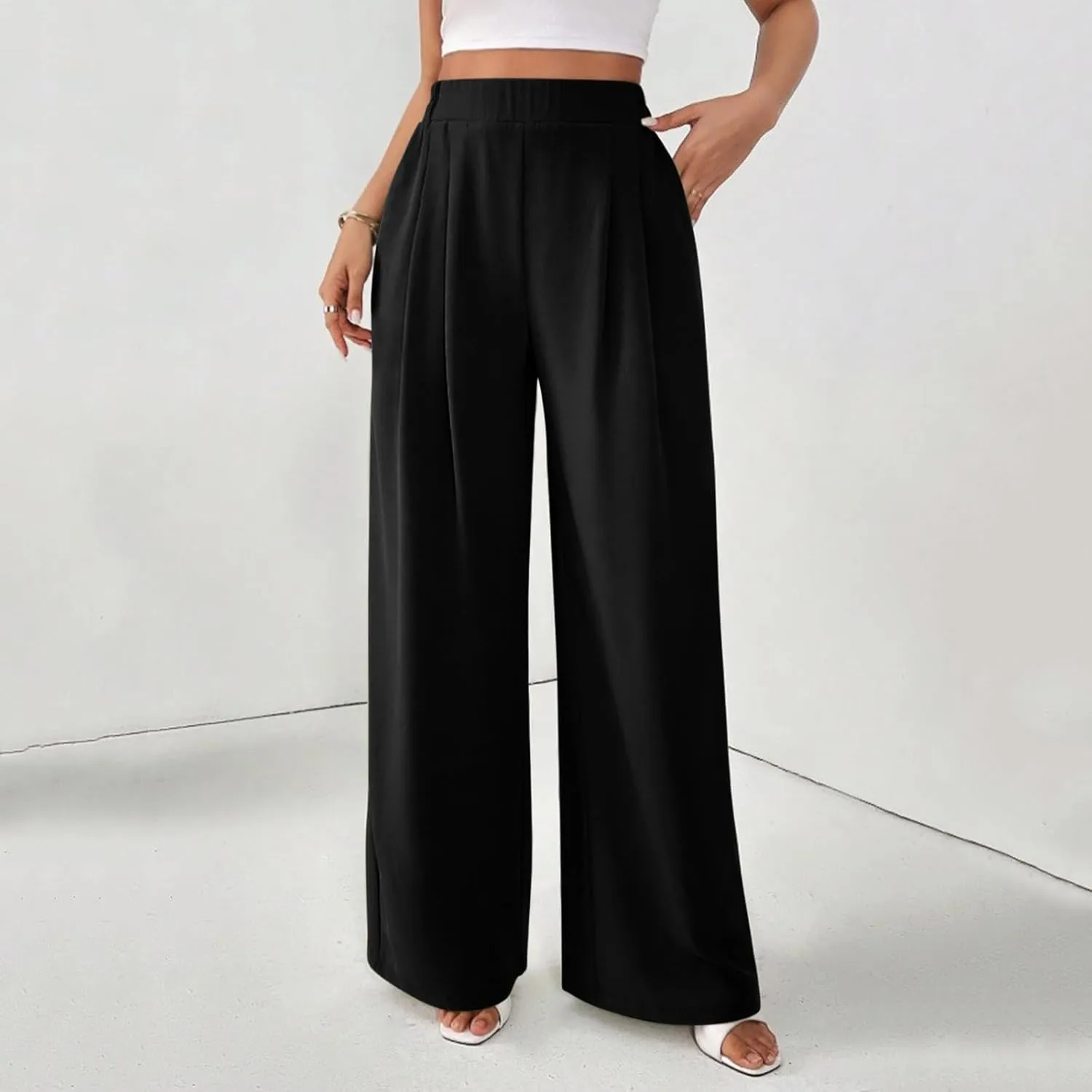 Wide Leg Palazzo Pants for Women with Pockets Elastic Business Causal Pants 2025 Summer Beach Travel Trousers