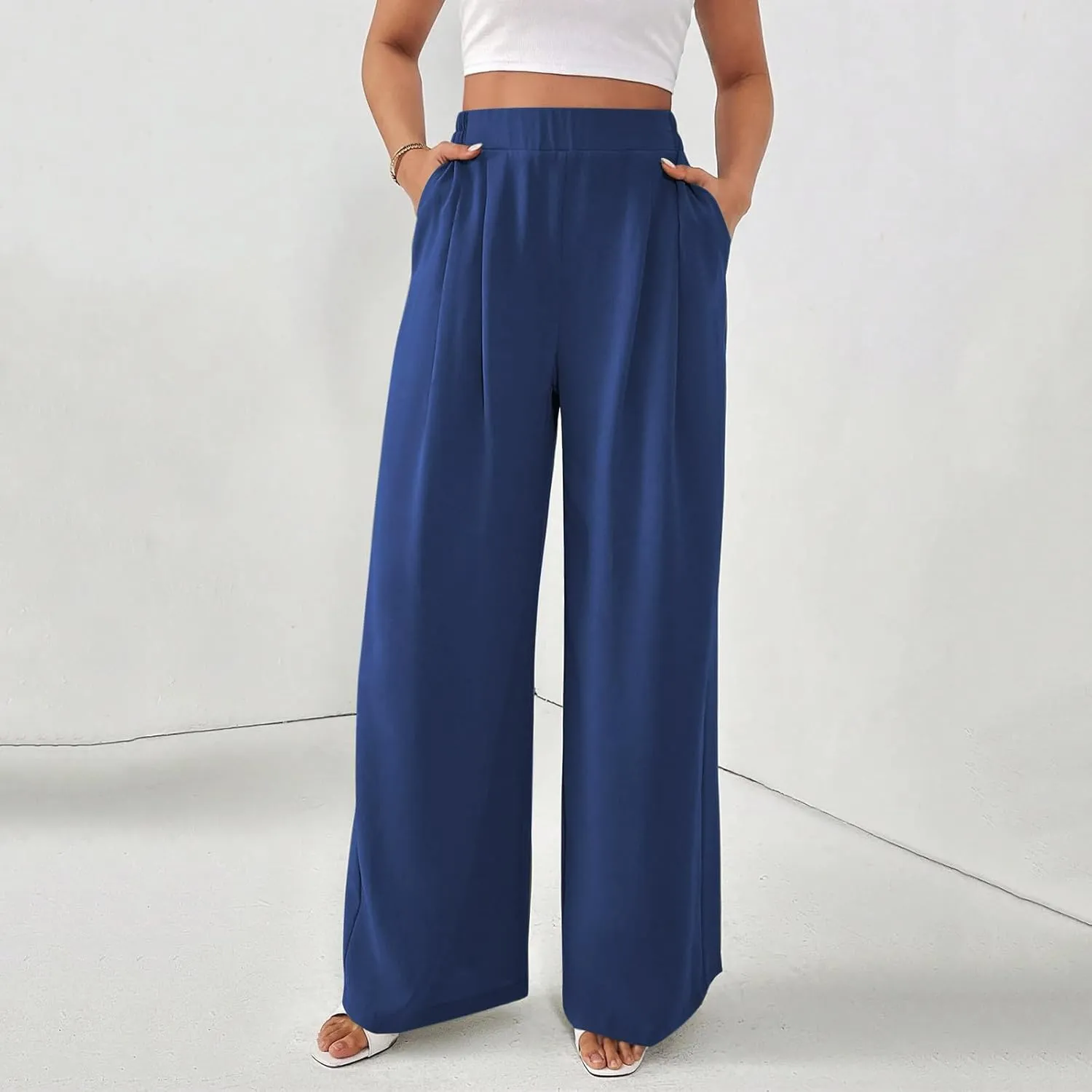 Wide Leg Palazzo Pants for Women with Pockets Elastic Business Causal Pants 2025 Summer Beach Travel Trousers