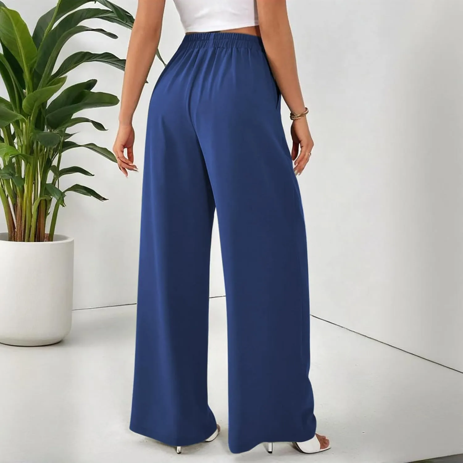 Wide Leg Palazzo Pants for Women with Pockets Elastic Business Causal Pants 2025 Summer Beach Travel Trousers