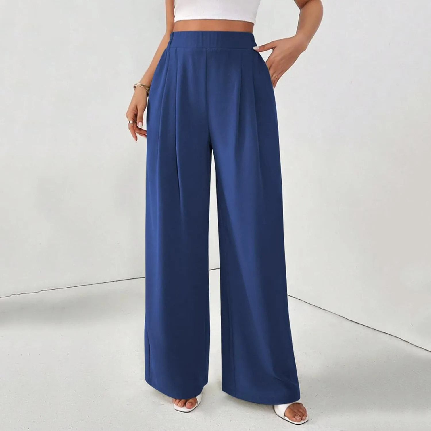 Wide Leg Palazzo Pants for Women with Pockets Elastic Business Causal Pants 2025 Summer Beach Travel Trousers