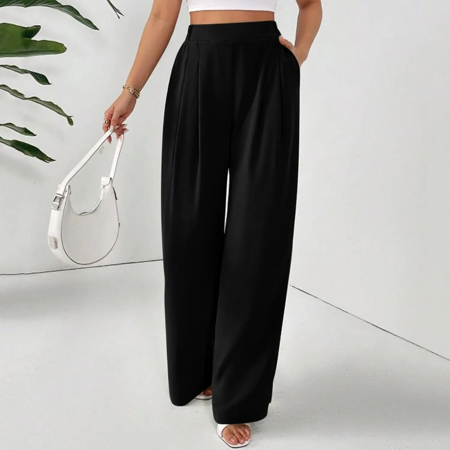 Wide Leg Palazzo Pants for Women with Pockets Elastic Business Causal Pants 2025 Summer Beach Travel Trousers