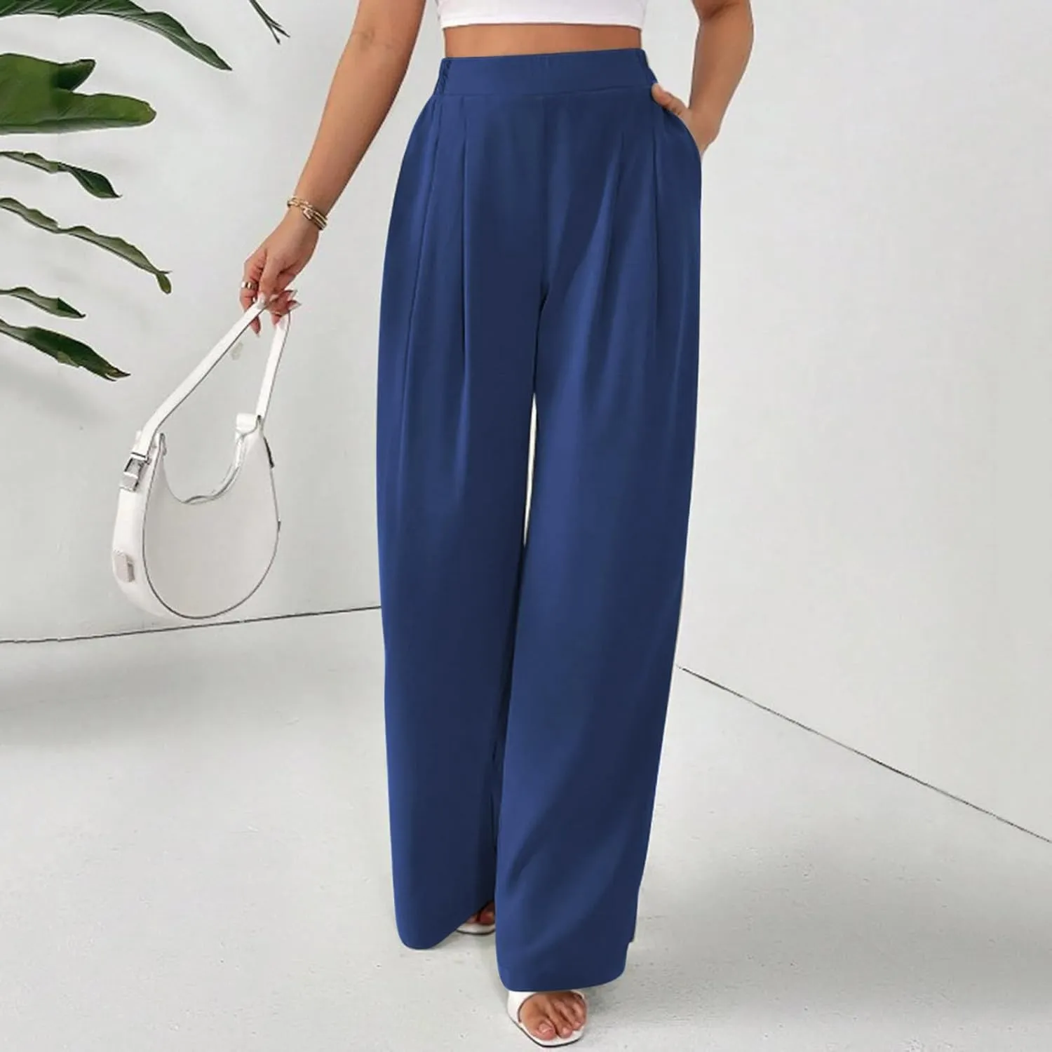 Wide Leg Palazzo Pants for Women with Pockets Elastic Business Causal Pants 2025 Summer Beach Travel Trousers