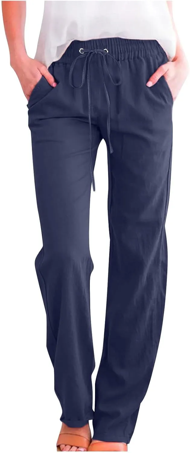 Wide Leg Pants Woman Cotton Linen Summer Pants Straight Leg Elastic Waist Trousers High Waisted Drawstring Pant 2025