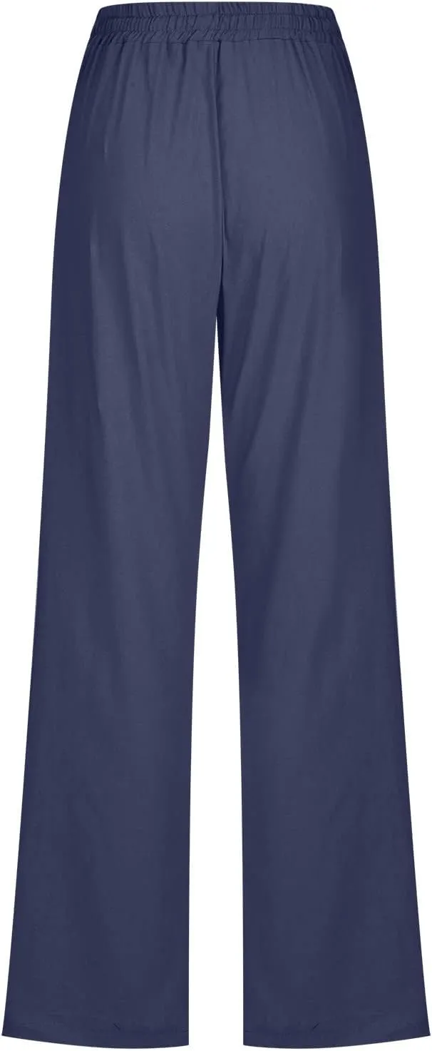 Wide Leg Pants Woman Cotton Linen Summer Pants Straight Leg Elastic Waist Trousers High Waisted Drawstring Pant 2025