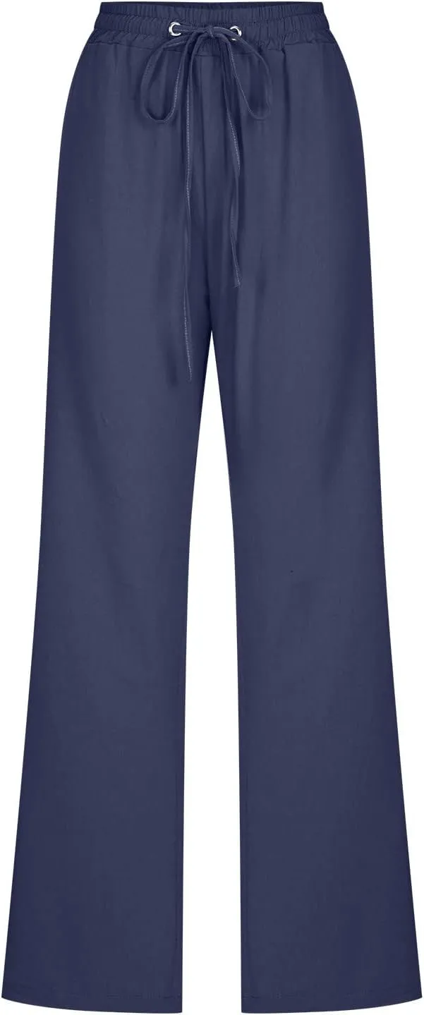 Wide Leg Pants Woman Cotton Linen Summer Pants Straight Leg Elastic Waist Trousers High Waisted Drawstring Pant 2025