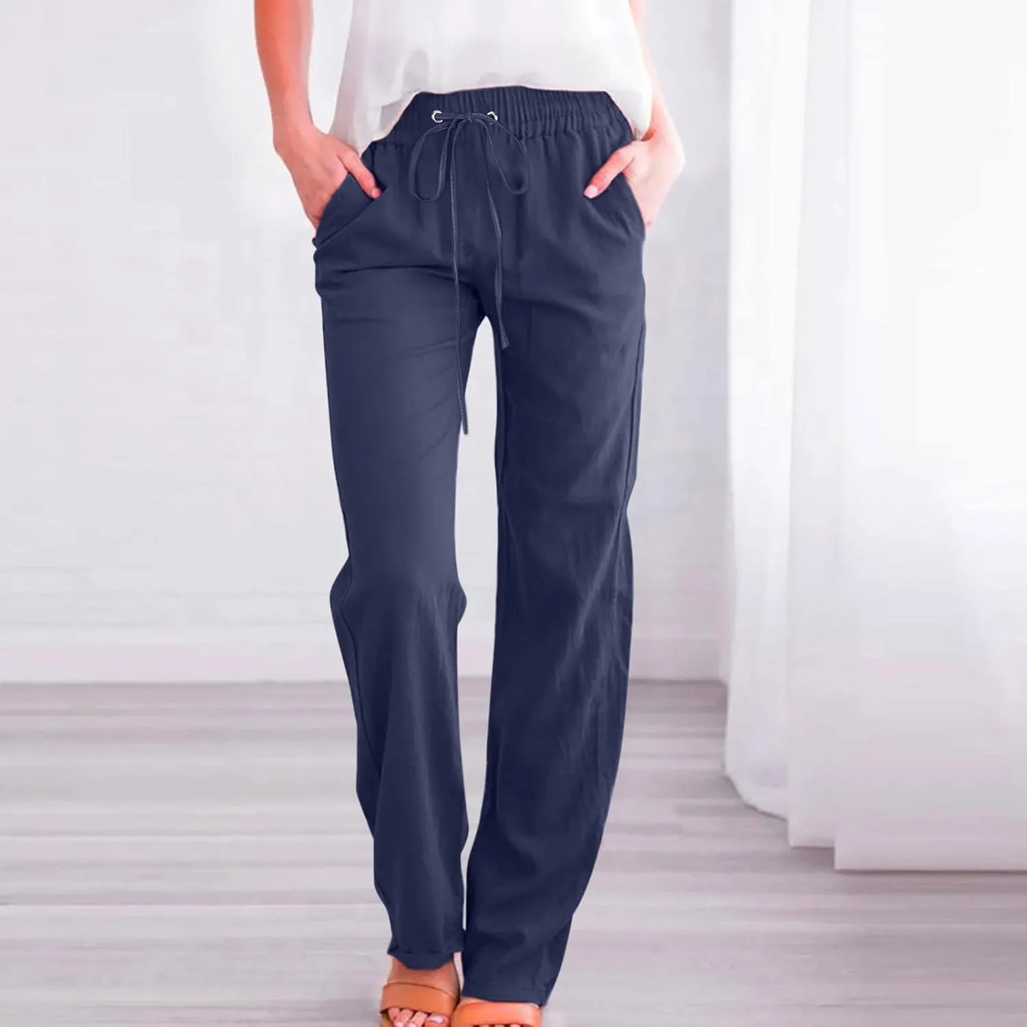 Wide Leg Pants Woman Cotton Linen Summer Pants Straight Leg Elastic Waist Trousers High Waisted Drawstring Pant 2025