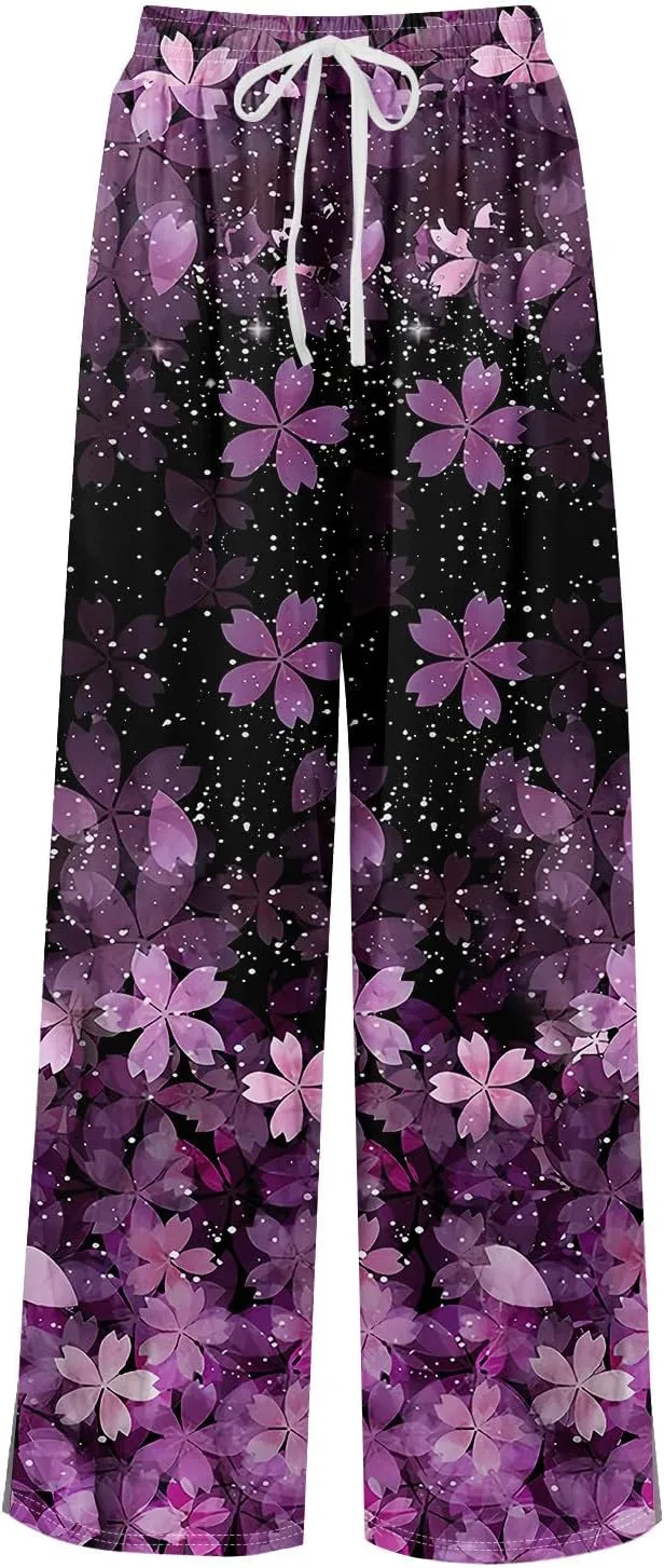 Wide Leg Pants Women Summer Boho High Waist Elastic Waist Palazzo Pants Trendy Casual Floral Print Trousers with Pockets