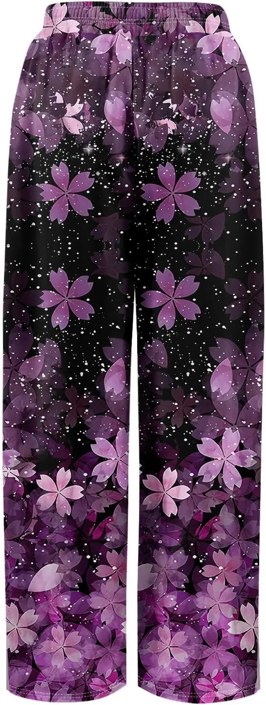 Wide Leg Pants Women Summer Boho High Waist Elastic Waist Palazzo Pants Trendy Casual Floral Print Trousers with Pockets